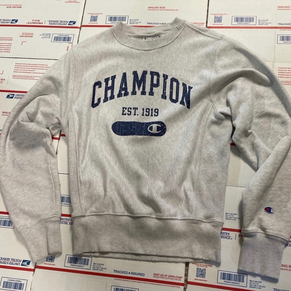 Champion Light Gray Crewneck Sweatshirt with Navy Logo